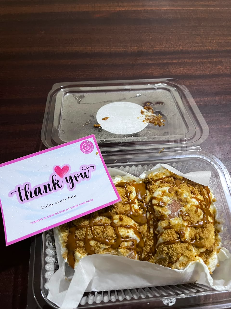 Bloom & Batter — Biscoff cinnamon roll with a branded thank-you card